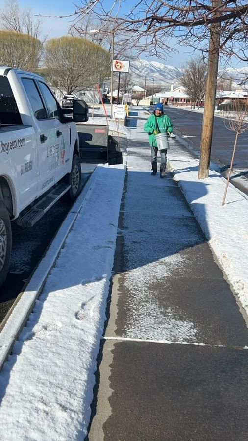 Applying ice melt to a sidewalk