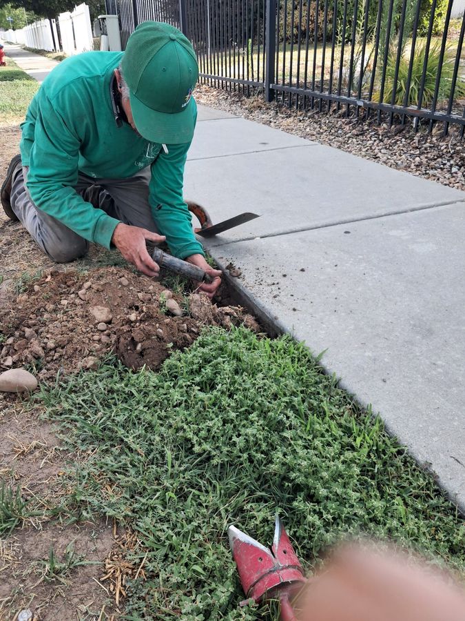Repairing a sprinkler head by the walkway